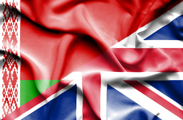 Waving flag of United Kingdon and Belarus