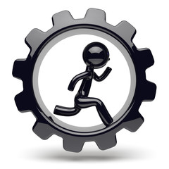 Man character running inside gearwheel business cogwheel