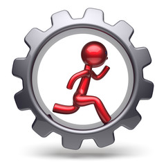 Man character running inside gearwheel businessman red