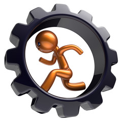 Business man character running inside gearwheel like hamster