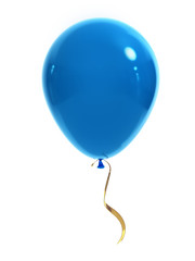 Blue balloon with a gold ribbon on a white background. 3d render.