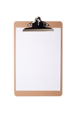Brown clipboard with blank white paper on isolated background