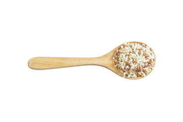 Mix rice on wooden spoon isolate on white background. Product of
