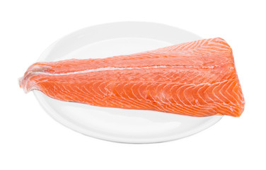 Raw salmon fillet on plate.