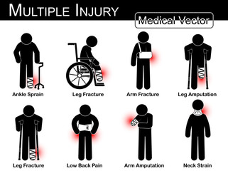 Multiple injury set ( Ankle sprain , Leg fracture , Arm fracture , Leg amputation , Leg fracture , Low back pain , Arm amputation , Neck strain )( Vector Medical stick man , physical therapy concept )