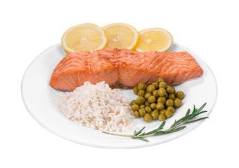 Grilled salmon fillet with risotto and peas.