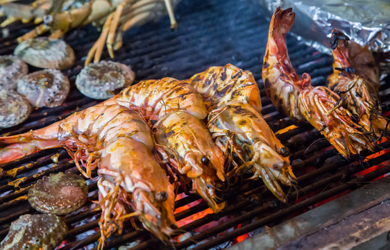 shrimp, prawn seafood in BBQ Flames