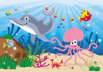 ryby,morze,podwodny świat,pod wodą,woda,ryba,rybki,kolorowe,delfin,rak,ośmiornica