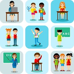 Flat design learning concept for education with school children, teachers

