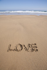 love text in sand beach