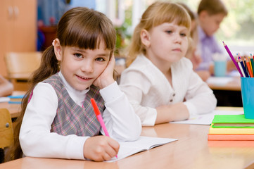 smiling schoolgirl looking at camera during lesson