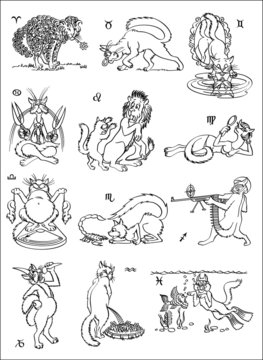 The humour zodiacal signs represented by means of images of cats