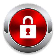 Red login button with metal border on white background