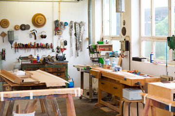 work bench with tools in the carpenter's workshop
