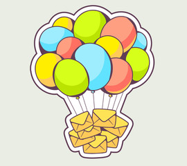 Vector illustration of yellow envelopes flying on colorful ballo