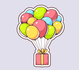 Vector illustration of red gift box flying on colorful balloons