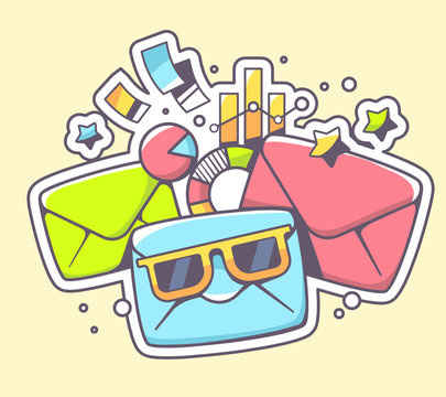 Vector illustration of envelopes with sunglasses and financial d