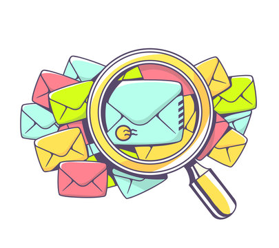 Vector illustration of many color envelopes and magnifying glass