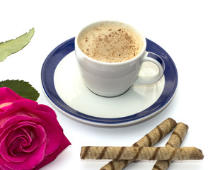 cappuccino mug, cookies and rose close up