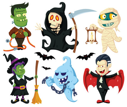 Halloween Flat Cartoon Characters Set