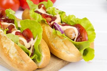 hot dogs on a wooden table