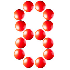 number made from red balls isolated on white background,number e