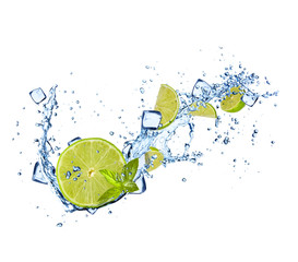 Fototapeta na wymiar Limes slices in water splashes on white background