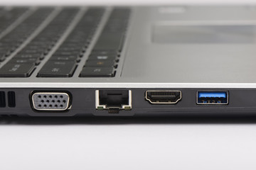 USB 3.0, LAN and graphic ports of laptop computer
