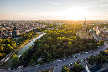 Sunset in a european city seen from drone, Timisoara, Romania