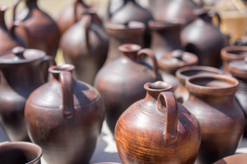 Fototapeta na wymiar ceramic pots and utensils displayed for sale