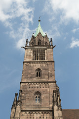 Fototapeta na wymiar tower of the medieval St. Lorenz church in Nuremberg, Germany