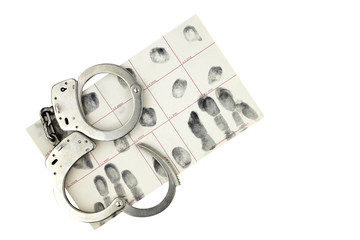 Handcuffs and fingerprint ID for arrest isolated on white.