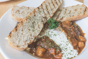 Beef Goulash  Served with house-made artisan bread  close up