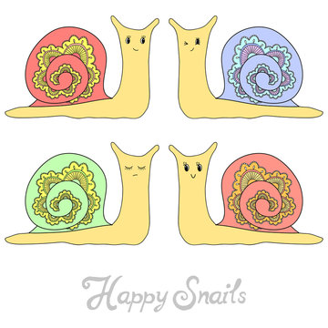 Set of cute hand drawn snails
