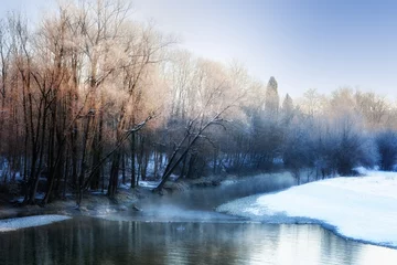 Foto auf Leinwand Small river in winter, with sunbeams filtering through bare birch trees. Winter landscape. Winter wonderland. Winter background. © firemn