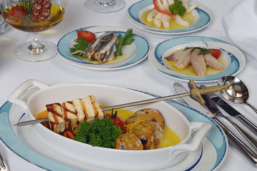 Swordfish fillet grilled and seafood