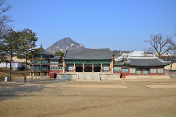 Fototapeta na wymiar View of Parujeong, Jibokjae and hyeogildang in gyeongbok palace,