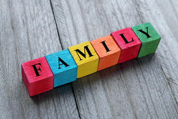 word family on colorful wooden cubes