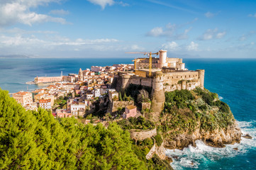 Fototapeta na wymiar Medieval town of Gaeta with its fortress on a rock over the Mediterranean sea, Italy