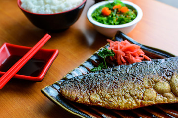 Saba teriyaki set with rice and miso soup