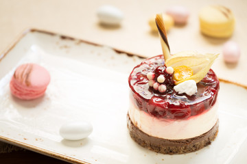 Cheesecake on a wooden background