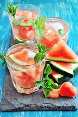 Refreshing watermelon drink with mint and ice cubes. Selective focus