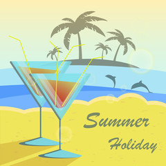 Summer holidays vector illustration set with cocktails, palms