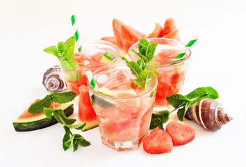 Refreshing summer watermelon drink with mint and ice cubes, sea shells, selective focus