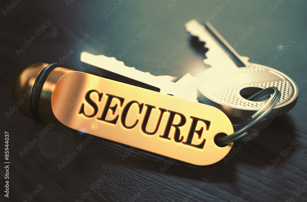 Poster secure - bunch of keys with text on golden keychain.