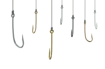 golden and silver fishing hooks on fishing line - obrazy, fototapety, plakaty