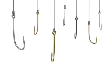 Tuinposter golden and silver fishing hooks on fishing line © alexlmx