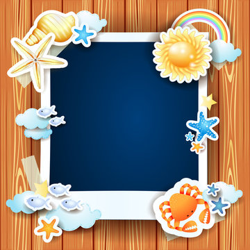 Summer background with photo frame and shells