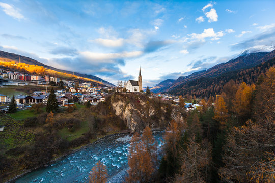 View of Scuol Town in Sunset