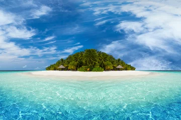 Deurstickers Eiland paradijselijk tropisch eiland met kokospalmen, wit zand en strand